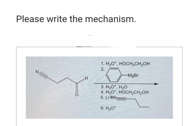 Please write the mechanism.
N
H
1. H₂O*, HOCH₂CH₂OH
2.
-MgBr
3. H₂O*, H₂O
4. H₂O*, HOCH₂CH₂OH
5. Li
6. H30*