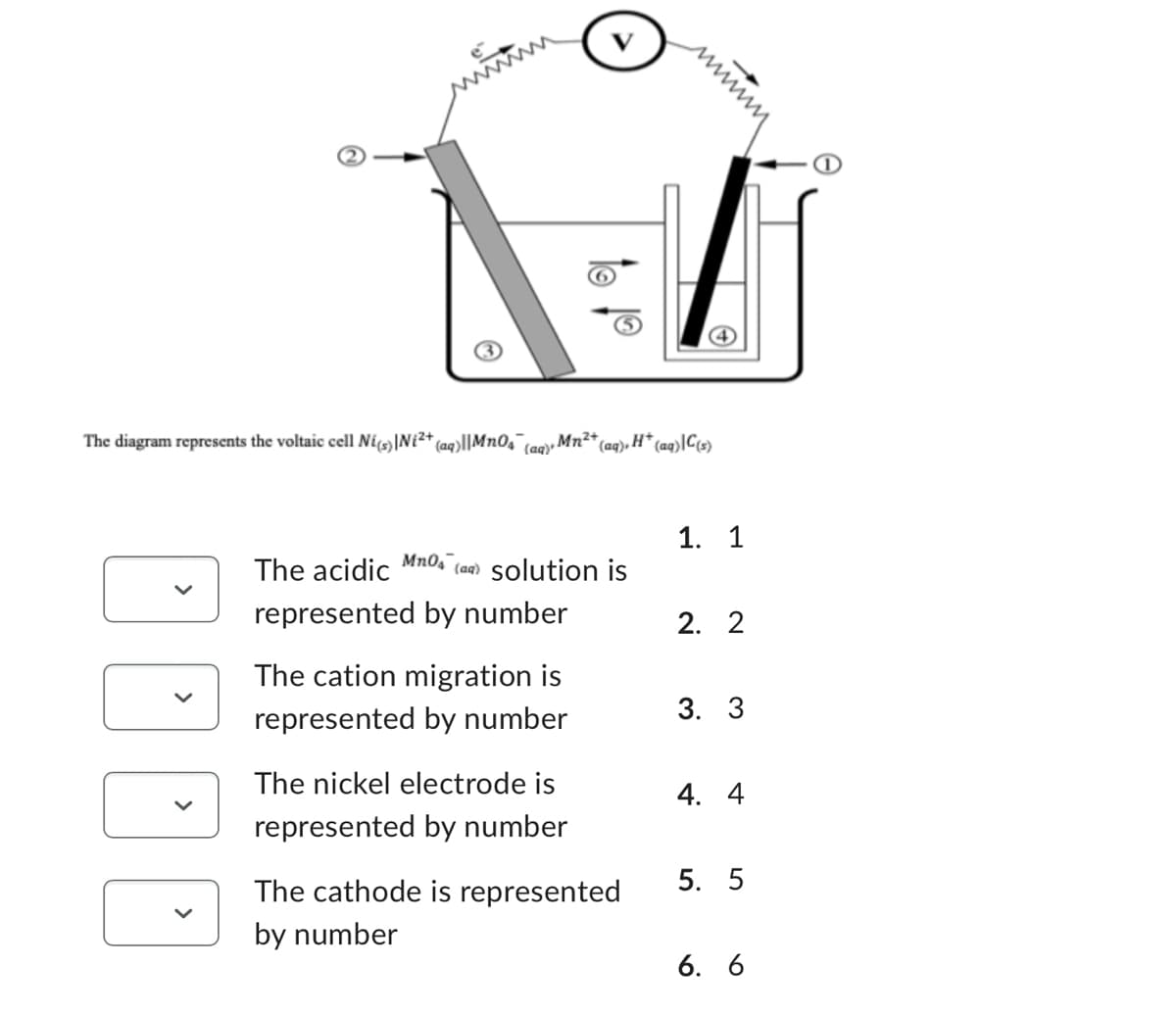 The diagram represents the voltaic cell Ní(s)|Ni²+ (aq)||MnO4¯
‚Mn²+ (aq), H+ (aq)|C(s)
(aq)''
The acidic MnO4 (aq) solution is
represented by number
The cation migration is
represented by number
The nickel electrode is
represented by number
wwwwww
The cathode is represented
by number
1. 1
2. 2
3. 3
4. 4
5. 5
6. 6