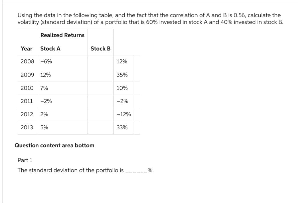 Using the data in the following table, and the fact that the correlation of A and B is 0.56, calculate the
volatility (standard deviation) of a portfolio that is 60% invested in stock A and 40% invested in stock B.
Realized Returns
Year Stock A
2008 -6%
2009 12%
2010 7%
2011 -2%
2012 2%
2013 5%
Stock B
Question content area bottom
12%
35%
10%
-2%
-12%
33%
Part 1
The standard deviation of the portfolio is
%.