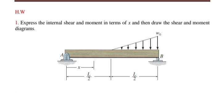 H.W
1. Express the internal shear and moment in terms of x and then draw the shear and moment
diagrams.
Wo
B
