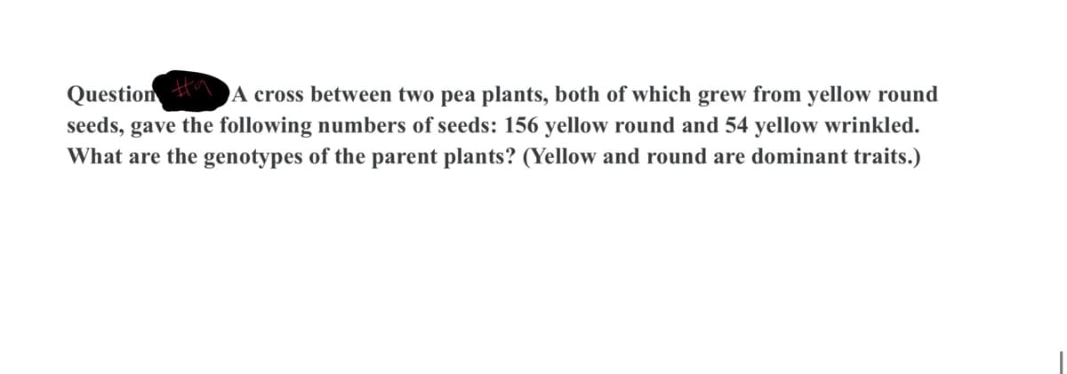 Question A cross between two pea plants, both of which grew from yellow round
seeds, gave the following numbers of seeds: 156 yellow round and 54 yellow wrinkled.
What are the genotypes of the parent plants? (Yellow and round are dominant traits.)
