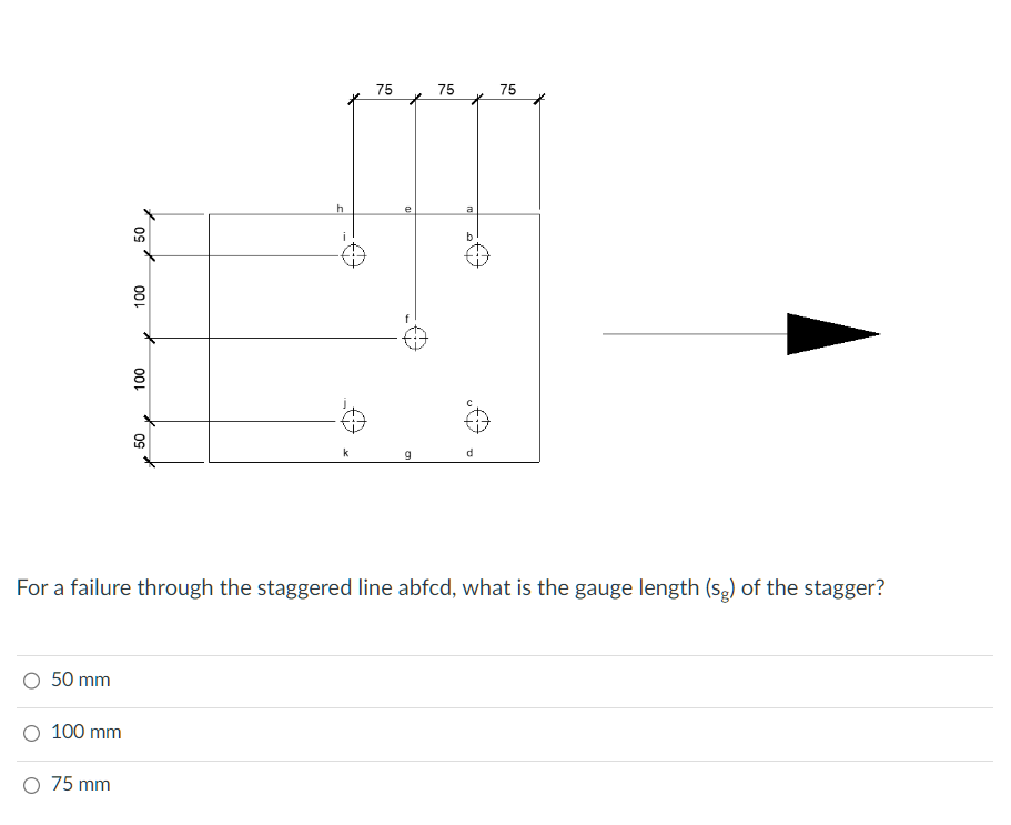 50 mm
100 mm
50
O 75 mm
100
100
50
h
75
e
9
75
a
b
ņ
d
For a failure through the staggered line abfcd, what is the gauge length (sg) of the stagger?
+
75