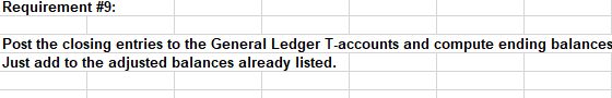 Requirement #9:
Post the closing entries to the General Ledger T-accounts and compute ending balances
Just add to the adjusted balances already listed.
