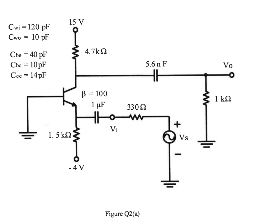 Cwi = 120 pF
Cwo = 10 pF
Cbe=40 pF
Cbc = 10pF
Cce = 14pF
1. 5 ΚΩ
15 V
4.7kQ2
B = 100
1 µF
- 4 V
Vi
5.6 n F
330 Ω
Figure Q2(a)
+
Vs
Vo
1 ΚΩ