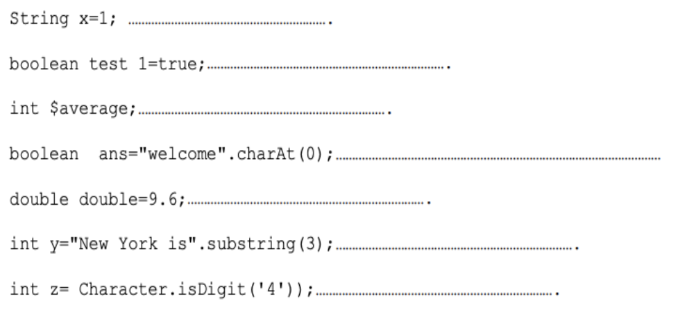 String x=1;
boolean test 1=true;
int $average;.
boolean
ans="welcome".charAt(0);
double double=9.6;
int y="New York is".substring(3);
int z= Character.isDigit('4'));
