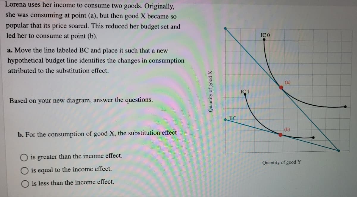 Lorena uses her income to consume two goods. Originally,
she was consuming at point (a), but then good X became so
popular that its price soared. This reduced her budget set and
led her to consume at point (b).
IC O
a. Move the line labeled BC and place it such that a new
hypothetical budget line identifies the changes in consumption
attributed to the substitution effect.
(a)
IÇ 1
Based on your new diagram, answer the questions.
BC
(b)
b. For the consumption of good X, the substitution effect
is greater than the income effect.
Quantity of good Y
is equal to the income effect.
O is less than the income effect.
Quantity of good X
