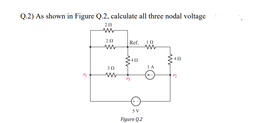 Q.2) As shown in Figure Q.2, calculate all three nodal voltage
in
20
Ref.
10
tot
4Ω
3 N
1A
5 V
Figure Q.2
