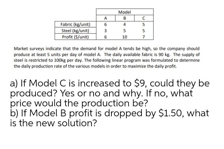 Model
A
B
Fabric (kg/unit)
Steel (kg/unit)
Profit ($/unit)
6
4
3
5
5
6
10
7
Market surveys indicate that the demand for model A tends be high, so the company should
produce at least 5 units per day of model A. The daily available fabric is 90 kg. The supply of
steel is restricted to 100kg per day. The following linear program was formulated to determine
the daily production rate of the various models in order to maximize the daily profit.
a) If Model C is increased to $9, could they be
produced? Yes or no and why. If no, what
price would the production be?
b) If Model B profit is dropped by $1.50, what
is the new solution?
