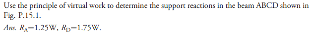 Use the principle of virtual work to determine the support reactions in the beam ABCD shown in
Fig. P.15.1.
Ans. RA=1.25W, Rp=1.75W.

