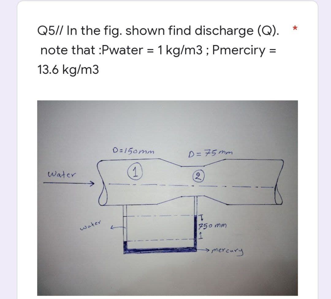 *
Q5// In the fig. shown find discharge (Q).
note that :Pwater = 1 kg/m3; Pmerciry =
13.6 kg/m3
D=150mm
D=75mm
Water
1
(2)
water.
T
750 mm
1
mercury