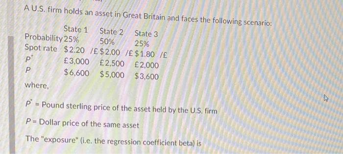 A U.S. firm holds an asset in Great Britain and faces the following scenario:
State 1
State 2
State 3
Probability 25%
50%
Spot rate $2.20 /£$2.00 /£$1.80 /E
25%
£3,000 £2,500 £2,000
$6,600 $5,000 $3,600
where,
P = Pound sterling price of the asset held by the U.S. firm
P = Dollar price of the same asset
The "exposure" (i.e. the regression coefficient beta) is
