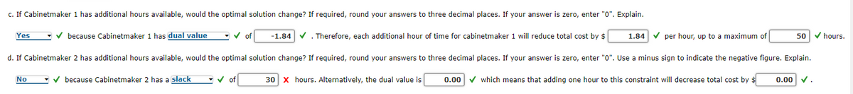 c. If Cabinetmaker 1 has additional hours available, would the optimal solution change? If required, round your answers to three decimal places. If your answer is zero, enter "0". Explain.
✓ because Cabinetmaker 1 has dual value
Yes
✓ of
No
-1.84 ✔
✓ of
Therefore, each additional hour of time for cabinetmaker 1 will reduce total cost by $
d. If Cabinetmaker 2 has additional hours available, would the optimal solution change? If required, round your answers to three decimal places. If your answer is zero, enter "0". Use a minus sign to indicate the negative figure. Explain.
✔ because Cabinetmaker 2 has a slack
1.84 ✔ per hour, up to a maximum of
30 X hours. Alternatively, the dual value is
50 ✓ hours.
0.00 ✓ which means that adding one hour to this constraint will decrease total cost by $
0.00 ✓.