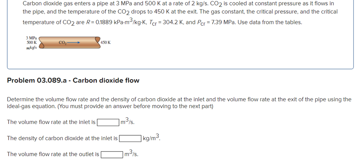 Carbon dioxide gas enters a pipe at 3 MPa and 500 K at a rate of 2 kg/s. CO₂ is cooled at constant pressure as it flows in
the pipe, and the temperature of the CO2 drops to 450 K at the exit. The gas constant, the critical pressure, and the critical
temperature of CO₂ are R = 0.1889 kPa.m³/kg.K, Tcr = 304.2 K, and Pcr = 7.39 MPa. Use data from the tables.
3 MPa
500 K
mkg/s
Problem 03.089.a - Carbon dioxide flow
450 K
Determine the volume flow rate and the density of carbon dioxide at the inlet and the volume flow rate at the exit of the pipe using the
ideal-gas equation. (You must provide an answer before moving to the next part)
1 m³/s.
The volume flow rate at the inlet is
The density of carbon dioxide at the inlet is
The volume flow rate at the outlet is
m³/s
kg/m³