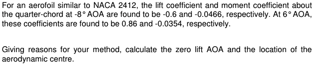 For an aerofoil similar to NACA 2412, the lift coefficient and moment coefficient about
the quarter-chord at -8° AOA are found to be -0.6 and -0.0466, respectively. At 6° AOA,
these coefficients are found to be 0.86 and -0.0354, respectively.
Giving reasons for your method, calculate the zero lift AOA and the location of the
aerodynamic centre.