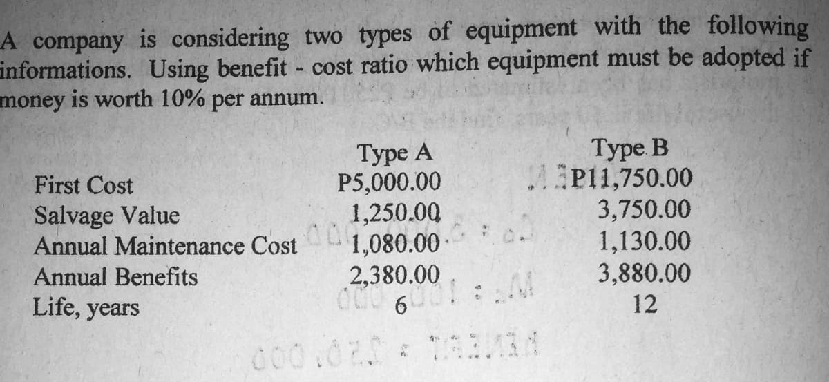 A company is considering two types of equipment with the following
informations. Using benefit - cost ratio which equipment must be adopted if
money is worth 10% per annum.
Туре А
P5,000.00
1,250.00
1,080.00-
2,380.00
Туре В
MP11,750.00
3,750.00
1,130.00
3,880.00
First Cost
Salvage Value
Annual Maintenance Cost
Annual Benefits
Life, years
12
G00.02.
