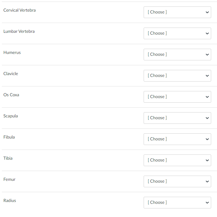 Cervical Vertebra
Lumbar Vertebra
Humerus
Clavicle
Os Coxa
Scapula
Fibula
Tibia
Femur
Radius
[Choose ]
[Choose ]
[Choose ]
[Choose ]
[Choose ]
[Choose]
[Choose]
[Choose ]
[Choose ]
[Choose]