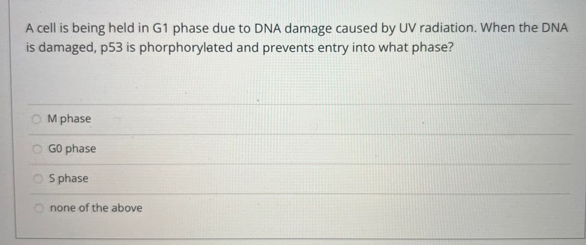 A cell is being held in G1 phase due to DNA damage caused by UV radiation. When the DNA
is damaged, p53 is phorphorylated and prevents entry into what phase?
M phase
GO phase
S phase
none of the above
:2