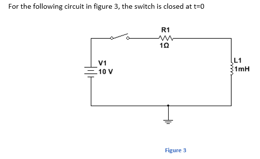 For the following circuit in figure 3, the switch is closed at t=0
R1
L1
1mH
V1
=10 V
Figure 3
