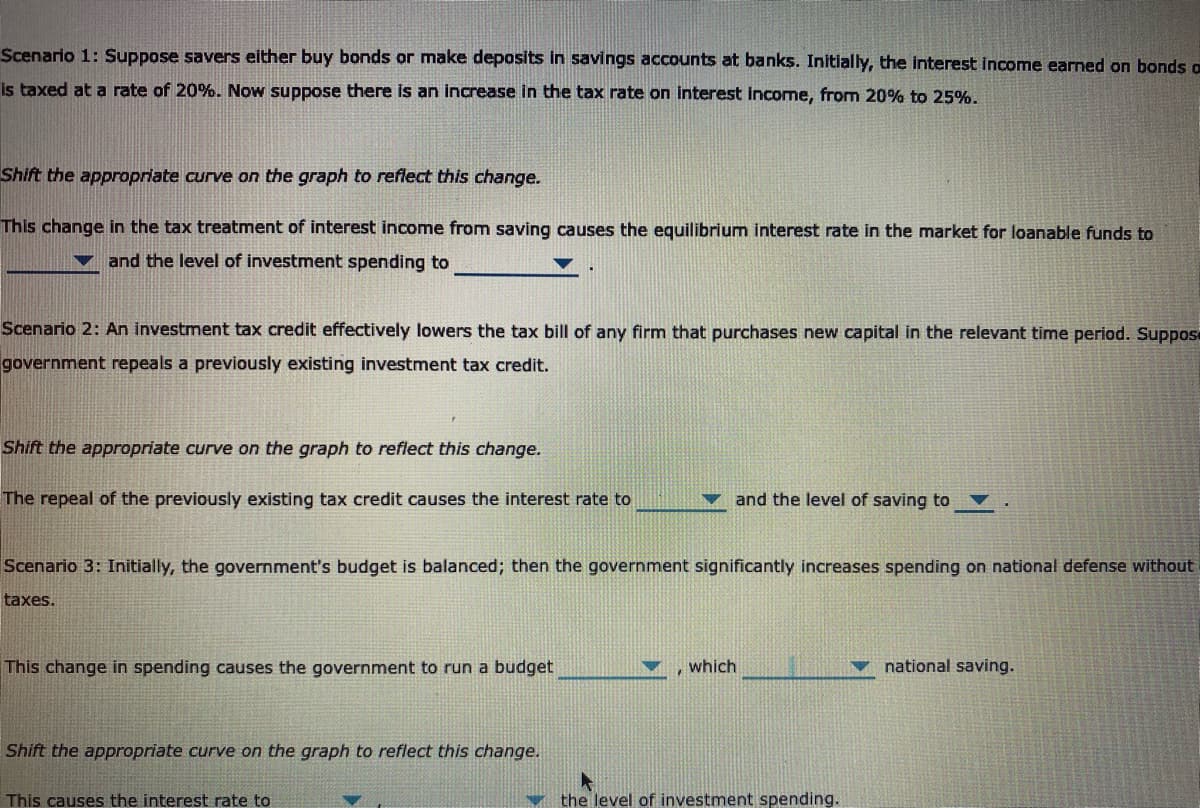 Scenario 1: Suppose savers either buy bonds or make deposits in savings accounts at banks. Initially, the interest Income earned on bonds o
is taxed at a rate of 20%. Now suppose there is an increase in the tax rate on interest income, from 20% to 25%.
Shift the appropriate curve on the graph to reflect this change.
This change in the tax treatment of interest income from saving causes the eguilibrium interest rate in the market for loanable funds to
v and the level of investment spending to
Scenario 2: An investment tax credit effectively lowers the tax bill of any firm that purchases new capital in the relevant time period. Suppos
government repeals a previously existing investment tax credit.
Shift the appropriate curve on the graph to reflect this change.
The repeal of the previously existing tax credit causes the interest rate to
▼ and the level of saving to
Scenario 3: Initially, the government's budget is balanced; then the government significantly increases spending on national defense without
taxes.
This change in spending causes the government to run a budget
which
v national saving.
Shift the appropriate curve on the graph to reflect this change.
This causes the interest rate to
v the level of investment spending.
