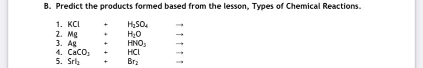 B. Predict the products formed based from the lesson, Types of Chemical Reactions.
1. KCI
2. Mg
3. Ag
4. CaCO3
5. Srlz
H2SO4
H20
HNO3
HCI
Brz
+
