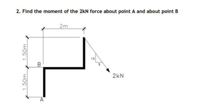 2. Find the moment of the 2kN force about point A and about point B
2m
2kN
1.50m
1.50m
