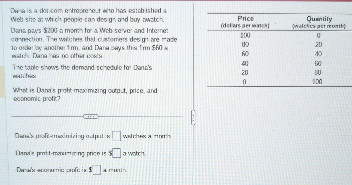 Dana is a dot-com entrepreneur who has established a
Web site at which people can design and buy awatch.
Dana pays $200 a month for a Web server and Internet
connection. The watches that customers design are made
to order by another firm, and Dana pays this firm $60 a
watch. Dana has no other costs.
The table shows the demand schedule for Dana's
watches.
What is Dana's profit-maximizing output, price, and
economic profit?
Dana's profit-maximizing output is
Dana's profit-maximizing price is $
Dana's economic profit is $ a month.
watches a month.
a watch.
Price
(dollars per watch)
100
80
60
40
20
0
Quantity
(watches per month)
0
20
40
60
80
100