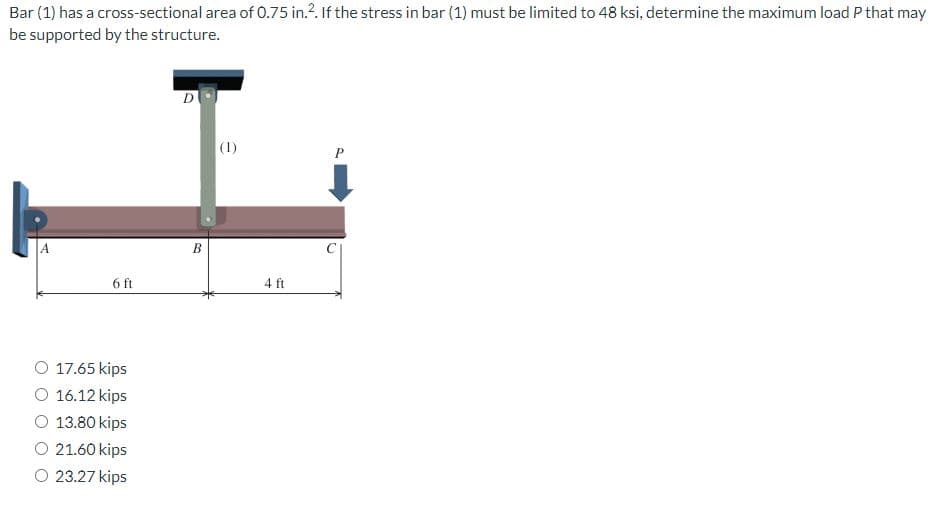 Bar (1) has a cross-sectional area of 0.75 in.2. If the stress in bar (1) must be limited to 48 ksi, determine the maximum load P that may
be supported by the structure.
A
6 ft
O 17.65 kips
16.12 kips
13.80 kips
21.60 kips
O 23.27 kips
D
B
(1)
4 ft