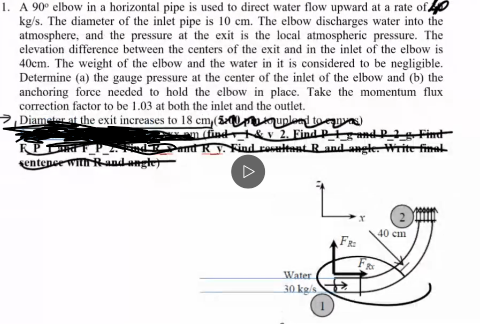 1. A 90° elbow in a horizontal pipe is used to direct water flow upward at a rate of
kg/s. The diameter of the inlet pipe is 10 cm. The elbow discharges water into the
atmosphere, and the pressure at the exit is the local atmospheric pressure. The
elevation difference between the centers of the exit and in the inlet of the elbow is
40cm. The weight of the elbow and the water in it is considered to be negligible.
Determine (a) the gauge pressure at the center of the inlet of the elbow and (b) the
anchoring force needed to hold the elbow in place. Take the momentum flux
correction factor to be 1.03 at both the inlet and the outlet.
Diameter at the exit increases to 18 cm (5:00
upload to canvas)
am (find, 1 & v 2. Find P 1 g and P_2_g. Find
KP 1 and F_P_2. Find F. Þand R y. Find resultant R and angle. Write final
sentence with Rand angle)
40 cm
FR:
FR
Water
30 kg/s
1