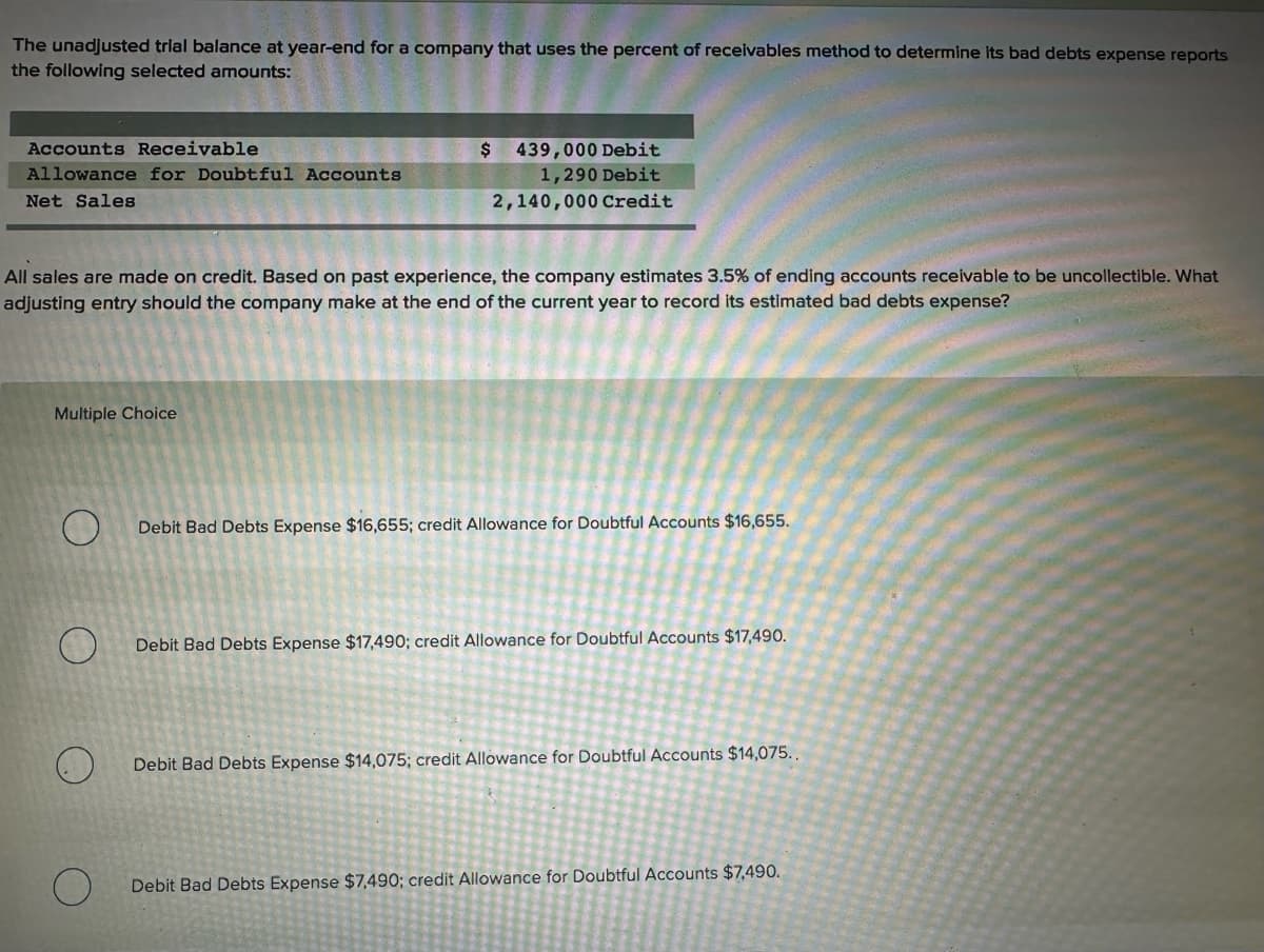 The unadjusted trial balance at year-end for a company that uses the percent of receivables method to determine its bad debts expense reports
the following selected amounts:
Accounts Receivable
Allowance for Doubtful Accounts
Net Sales
$ 439,000 Debit
1,290 Debit
2,140,000 Credit
All sales are made on credit. Based on past experience, the company estimates 3.5% of ending accounts receivable to be uncollectible. What
adjusting entry should the company make at the end of the current year to record its estimated bad debts expense?
Multiple Choice
O
Debit Bad Debts Expense $16,655; credit Allowance for Doubtful Accounts $16,655.
Debit Bad Debts Expense $17,490; credit Allowance for Doubtful Accounts $17,490.
Debit Bad Debts Expense $14,075; credit Allowance for Doubtful Accounts $14,075..
O
Debit Bad Debts Expense $7,490; credit Allowance for Doubtful Accounts $7,490.