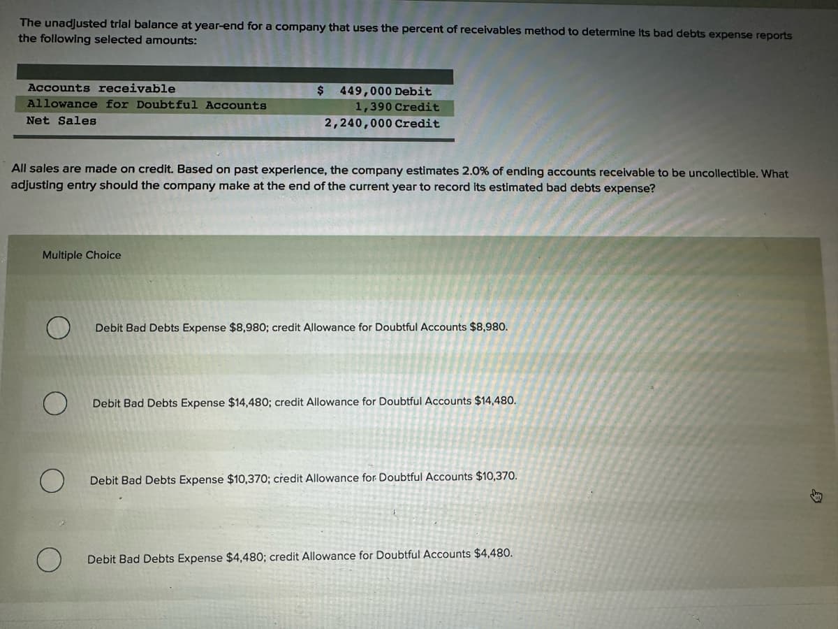 The unadjusted trial balance at year-end for a company that uses the percent of receivables method to determine its bad debts expense reports
the following selected amounts:
Accounts receivable
Allowance for Doubtful Accounts
Net Sales
$ 449,000 Debit
1,390 Credit
2,240,000 Credit
All sales are made on credit. Based on past experience, the company estimates 2.0% of ending accounts receivable to be uncollectible. What
adjusting entry should the company make at the end of the current year to record its estimated bad debts expense?
Multiple Choice
Debit Bad Debts Expense $8,980; credit Allowance for Doubtful Accounts $8,980.
O
Debit Bad Debts Expense $14,480; credit Allowance for Doubtful Accounts $14,480.
О
Debit Bad Debts Expense $10,370; credit Allowance for Doubtful Accounts $10,370.
О
Debit Bad Debts Expense $4,480; credit Allowance for Doubtful Accounts $4,480.