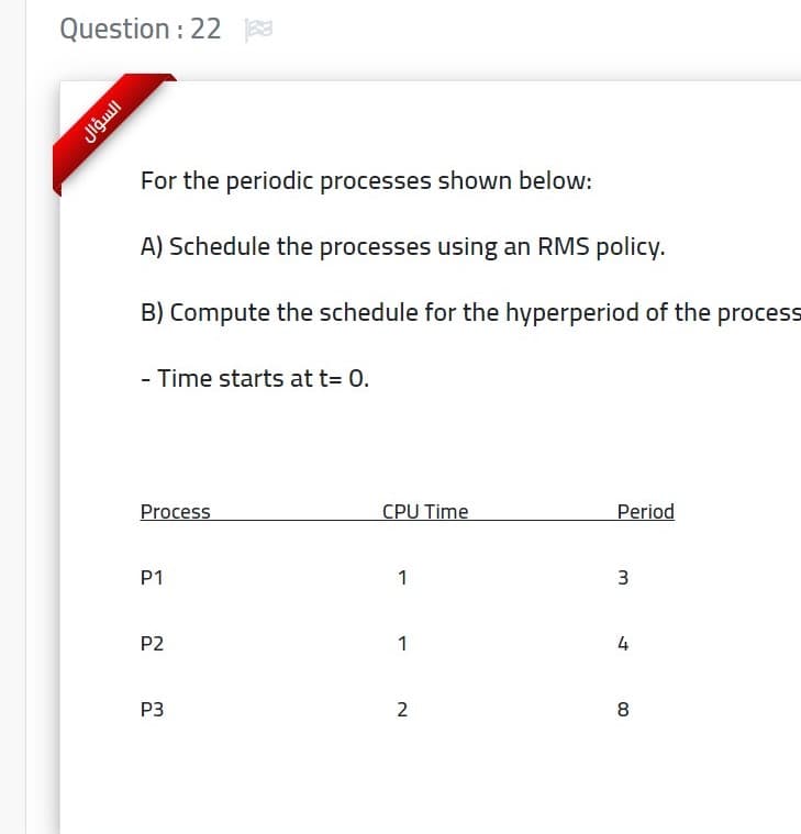 Question : 22
For the periodic processes shown below:
A) Schedule the processes using an RMS policy.
B) Compute the schedule for the hyperperiod of the process
- Time starts at t= 0.
Process
CPU Time
Period
P1
1
3
P2
1
4
P3
2
8
