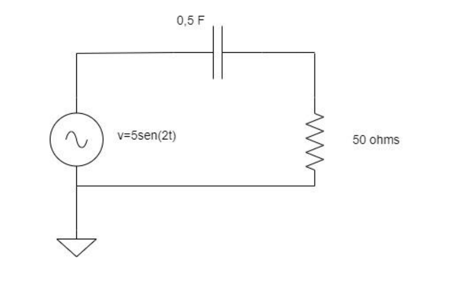 0,5 F
v=5sen(2t)
50 ohms
