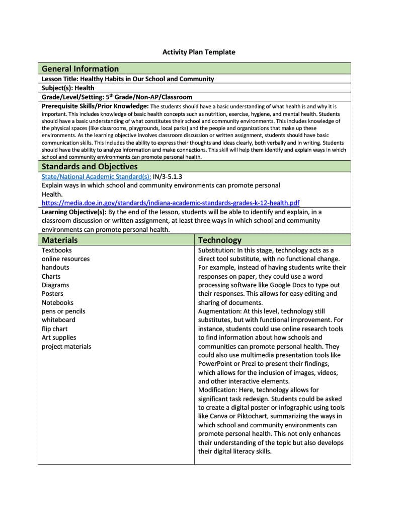 General Information
Lesson Title: Healthy Habits in Our School and Community
Subject(s): Health
Activity Plan Template
Grade/Level/Setting: 5th Grade/Non-AP/Classroom
Prerequisite Skills/Prior Knowledge: The students should have a basic understanding of what health is and why it is
important. This includes knowledge of basic health concepts such as nutrition, exercise, hygiene, and mental health. Students
should have a basic understanding of what constitutes their school and community environments. This includes knowledge of
the physical spaces (like classrooms, playgrounds, local parks) and the people and organizations that make up these
environments. As the learning objective involves classroom discussion or written assignment, students should have basic
communication skills. This includes the ability to express their thoughts and ideas clearly, both verbally and in writing. Students
should have the ability to analyze information and make connections. This skill will help them identify and explain ways in which
school and community environments can promote personal health.
Standards and Objectives
State/National Academic Standard(s): IN/3-5.1.3
Explain ways in which school and community environments can promote personal
Health.
https://media.doe.in.gov/standards/indiana-academic-standards-grades-k-12-health.pdf
Learning Objective(s): By the end of the lesson, students will be able to identify and explain, in a
classroom discussion or written assignment, at least three ways in which school and community
environments can promote personal health.
Materials
Textbooks
online resources
handouts
Charts
Diagrams
Posters
Notebooks
pens or pencils
whiteboard
flip chart
Art supplies
project materials
Technology
Substitution: In this stage, technology acts as a
direct tool substitute, with no functional change.
For example, instead of having students write their
responses on paper, they could use a word
processing software like Google Docs to type out
their responses. This allows for easy editing and
sharing of documents.
Augmentation: At this level, technology still
substitutes, but with functional improvement. For
instance, students could use online research tools
to find information about how schools and
communities can promote personal health. They
could also use multimedia presentation tools like
PowerPoint or Prezi to present their findings,
which allows for the inclusion of images, videos,
and other interactive elements.
Modification: Here, technology allows for
significant task redesign. Students could be asked
to create a digital poster or infographic using tools
like Canva or Piktochart, summarizing the ways in
which school and community environments can
promote personal health. This not only enhances
their understanding of the topic but also develops
their digital literacy skills.