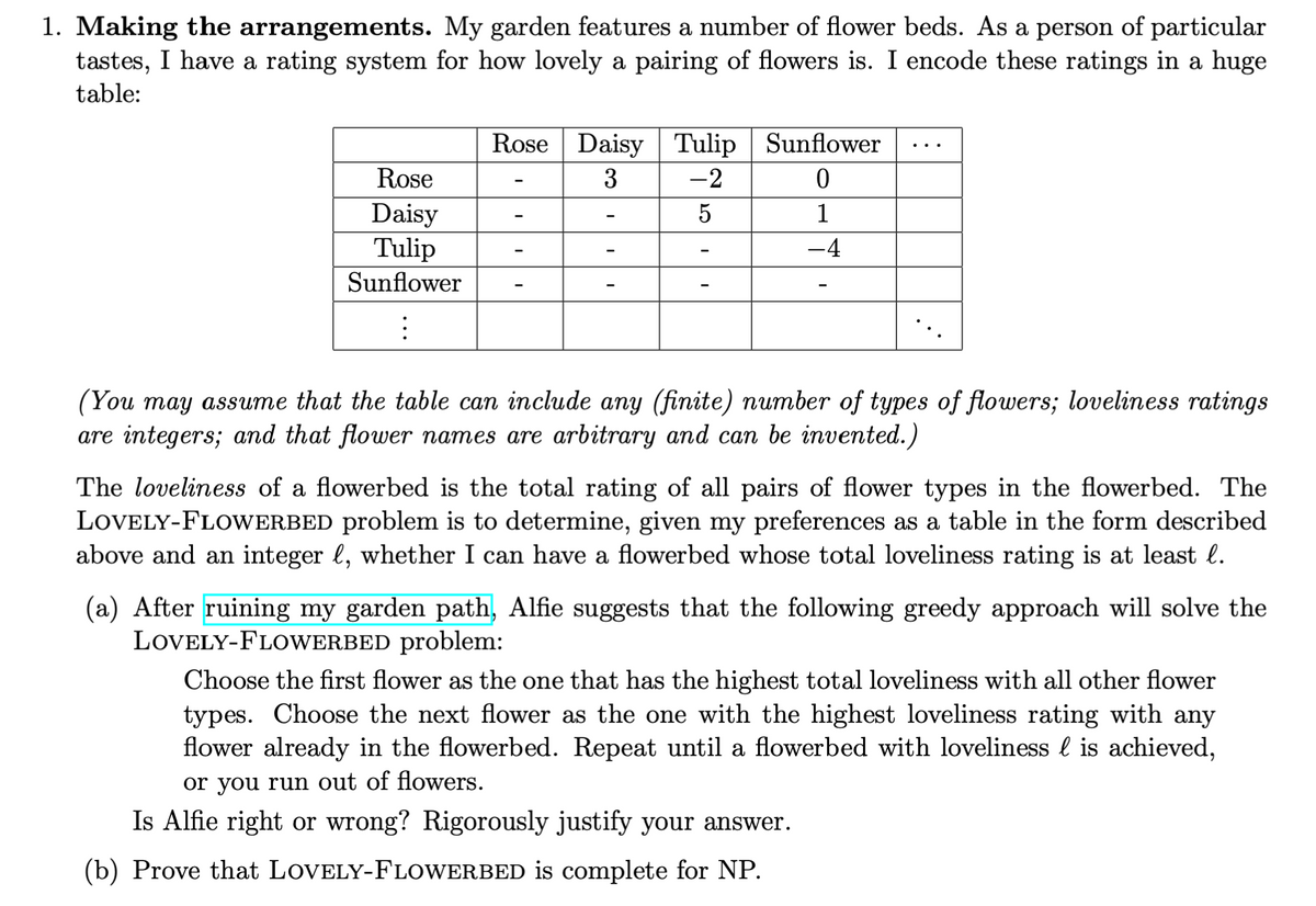 1. Making the arrangements. My garden features a number of flower beds. As a person of particular
tastes, I have a rating system for how lovely a pairing of flowers is. I encode these ratings in a huge
table:
Rose
Daisy
Tulip
Sunflower
Rose Daisy Tulip
3
-2
5
-
-
Sunflower
0
1
-4
(You may assume that the table can include any (finite) number of types of flowers; loveliness ratings
are integers; and that flower names are arbitrary and can be invented.)
The loveliness of a flowerbed is the total rating of all pairs of flower types in the flowerbed. The
LOVELY-FLOWERBED problem is to determine, given my preferences as a table in the form described
above and an integer , whether I can have a flowerbed whose total loveliness rating is at least l.
(a) After ruining my garden path, Alfie suggests that the following greedy approach will solve the
LOVELY-FLOWERBED problem:
Choose the first flower as the one that has the highest total loveliness with all other flower
types. Choose the next flower as the one with the highest loveliness rating with any
flower already in the flowerbed. Repeat until a flowerbed with loveliness is achieved,
or you run out of flowers.
Is Alfie right or wrong? Rigorously justify your answer.
(b) Prove that LOVELY-FLOWERBED is complete for NP.