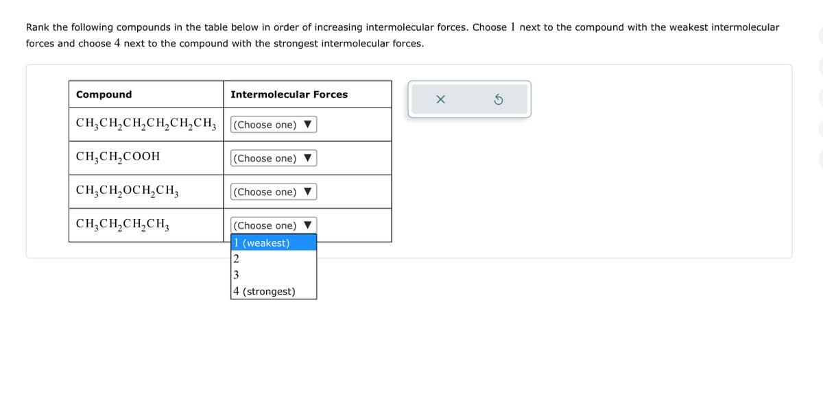 Rank the following compounds in the table below in order of increasing intermolecular forces. Choose 1 next to the compound with the weakest intermolecular
forces and choose 4 next to the compound with the strongest intermolecular forces.
Compound
CH₂CH₂CH₂CH₂CH₂CH3
CH₂CH₂COOH
CH₂CH₂OCH₂CH₂
CH,CH,CH,CH,
Intermolecular Forces
(Choose one)
(Choose one)
(Choose one)
(Choose one)
1 (weakest)
2
3
4 (strongest)
X
3