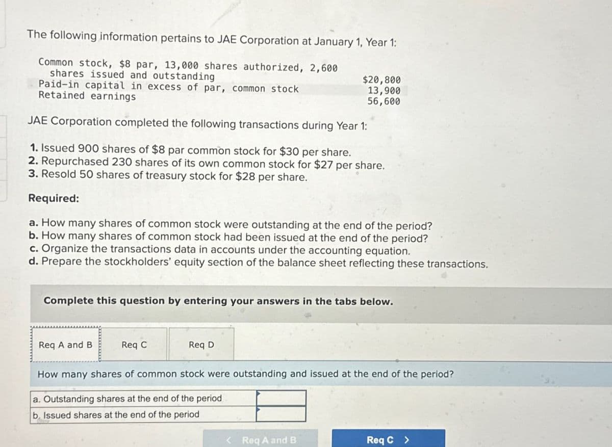 The following information pertains to JAE Corporation at January 1, Year 1:
Common stock, $8 par, 13,000 shares authorized, 2,600
shares issued and outstanding
Paid-in capital in excess of par, common stock
Retained earnings
$20,800
13,900
56,600
JAE Corporation completed the following transactions during Year 1:
1. Issued 900 shares of $8 par common stock for $30 per share.
2. Repurchased 230 shares of its own common stock for $27 per share.
3. Resold 50 shares of treasury stock for $28 per share.
Required:
a. How many shares of common stock were outstanding at the end of the period?
b. How many shares of common stock had been issued at the end of the period?
c. Organize the transactions data in accounts under the accounting equation.
d. Prepare the stockholders' equity section of the balance sheet reflecting these transactions.
Complete this question by entering your answers in the tabs below.
Req A and B
Req C
Req D
How many shares of common stock were outstanding and issued at the end of the period?
a. Outstanding shares at the end of the period
b. Issued shares at the end of the period
<Req A and B
Req C >