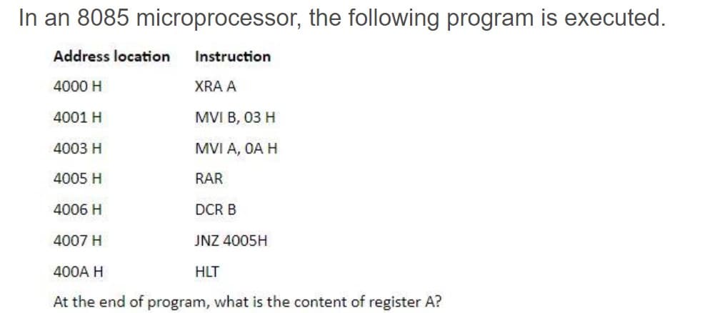 In an 8085 microprocessor, the following program is executed.
Address location
Instruction
4000 H
XRA A
4001 H
MVI B, 03 H
4003 H
MVI A, OA H
4005 H
RAR
4006 H
DCR B
4007 H
JNZ 4005H
400A H
HLT
At the end of program, what is the content of register A?
