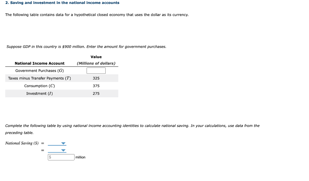 2. Saving and investment in the national income accounts
The following table contains data for a hypothetical closed economy that uses the dollar as its currency.
Suppose GDP in this country is $900 million. Enter the amount for government purchases.
National Income Account
Government Purchases (G)
Taxes minus Transfer Payments (T)
Consumption (C)
Investment (1)
National Saving (S) =
Complete the following table by using national income accounting identities to calculate national saving. In your calculations, use data from the
preceding table.
=
Value
(Millions of dollars)
$
325
375
275
million