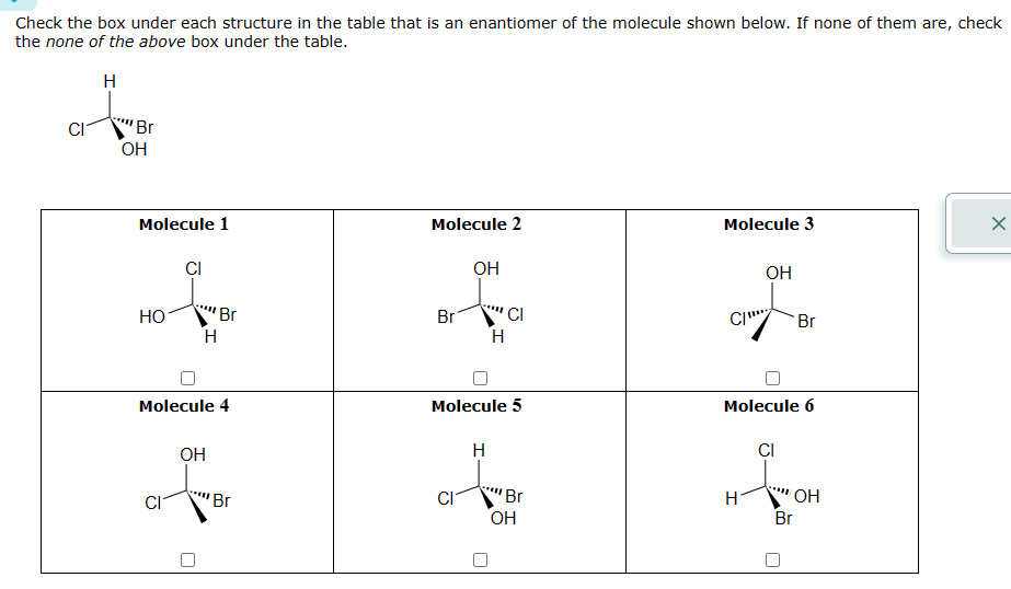 Check the box under each structure in the table that is an enantiomer of the molecule shown below. If none of them are, check
the none of the above box under the table.
H
'Br
OH
Molecule 1
Molecule 2
Molecule 3
CI
OH
OH
HO
Br
H
Br
CI
Br
H
Molecule 4
Molecule 5
Molecule 6
H
CI
OH
Br
CI
Br
H
OH
OH
Br
U
×