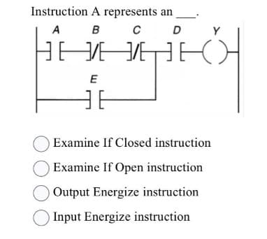 Instruction A represents an
A
B
C
D
3/6/6
E
HE
Examine If Closed instruction
Examine If Open instruction
Output Energize instruction
Input Energize instruction