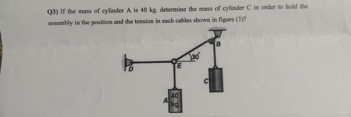 Q3) If the mass of cylinder A is 40 kg. determine the mass of cylinder C in order to hold the
assembly in the position and the tension in each cables shown in figure (3)?
OW
A
E
40
kg
30
B