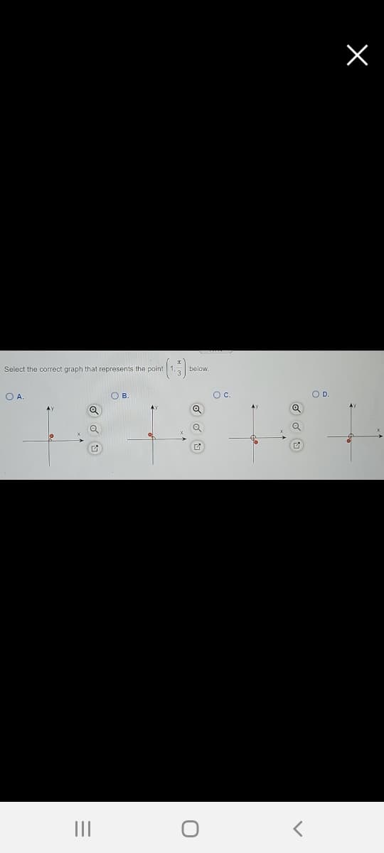 Select the correct graph that represents the point
below.
O A
O B
Oc.
OD.
III
