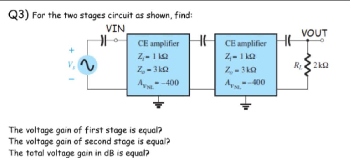 Q3) For the two stages circuit as shown, find:
VIN
VOUT
CE amplifier
CE amplifier
Z,- 1 kQ
Z, = 3 kQ
Z,- 1 ko
RL 2 kQ
Z, = 3 kQ
AyN
%3D
%3D
--400
NL
The voltage gain of first stage is equal?
The voltage gain of second stage is equal?
The total voltage gain in dB is equal?
