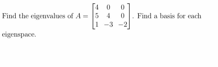 Find the eigenvalues of A =
eigenspace.
4
5
1
0
0
4 0
-3
-2
Find a basis for each