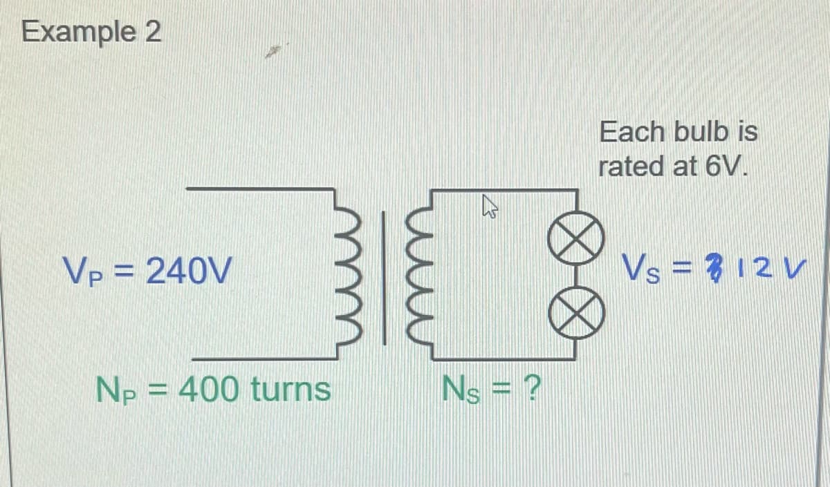 Example 2
VP = 240V
Np = 400 turns
&
Ns = ?
Each bulb is
rated at 6V.
Vs = 12V