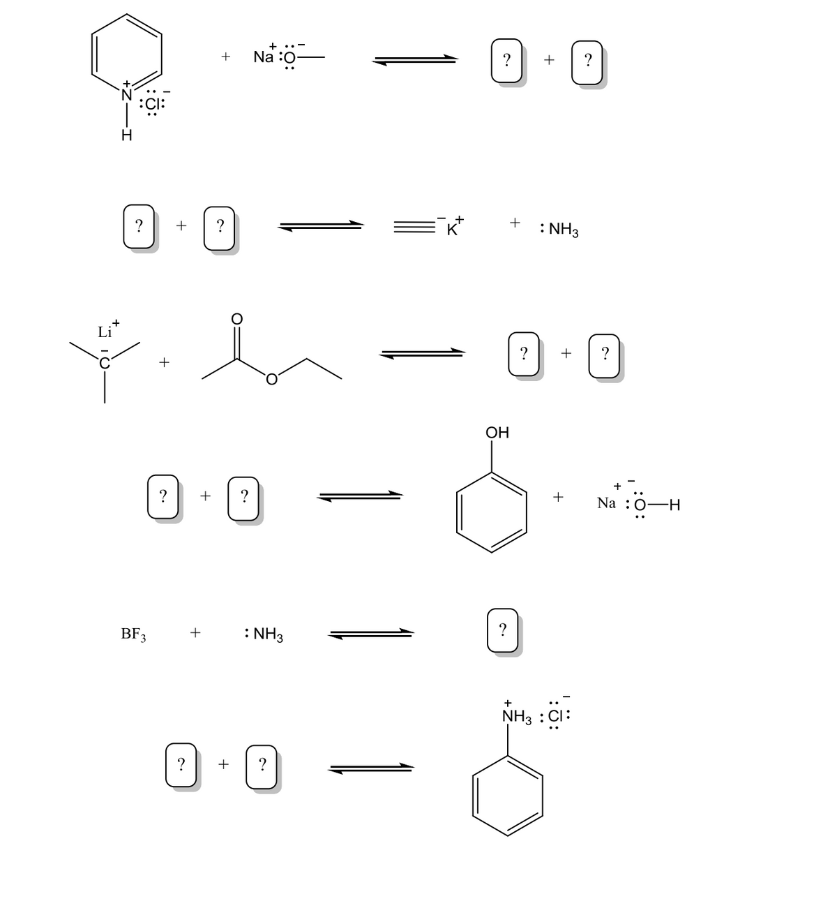 Li
BF 3
+
+ ?
+
+
+
+
Na :O
: NH3
?
?
+
OH
+ : NH3
0+ 0
+
+
NH3 CI
:C:
Na :0—H
-H