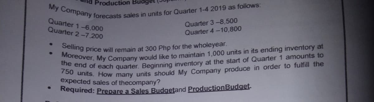 Production Budg
My Company forecasts sales in units for Quarter 1-4 2019 as follows:
Selling price will remain at 300 Php for the wholeyear.
Quarter 1-6,000
Quarter 2-7.200
Quarter 3-8,500
Quarter 4-10,800
eva nits. How many units should My Company produce in order to fulfill the
expected sales of thecompany?
750 end of each quarter, Beginning inventory at the start of Quarter 1 amounts to
Required: Prepare a Sales Budgetand ProductionBudget
