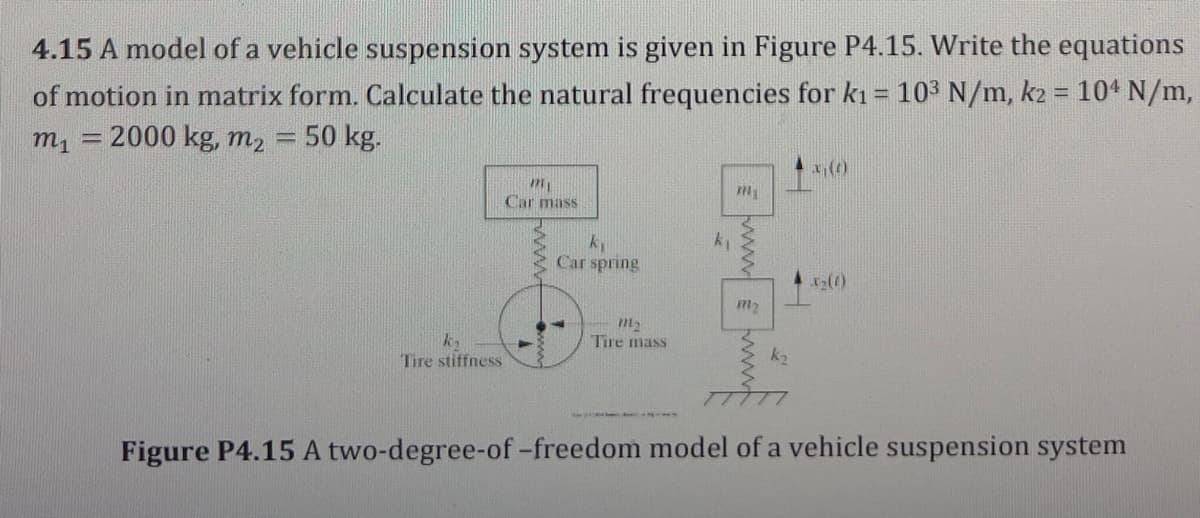 4.15 A model of a vehicle suspension system is given in Figure P4.15. Write the equations
of motion in matrix form. Calculate the natural frequencies for k₁= 10³ N/m, k2 = 10¹ N/m,
m₁ = 2000 kg, m₂ = 50 kg.
k₂
Tire stiffness
m
Car mass
k₁
Car spring
m₂
Tire mass
MAY
m₂
k₂
5,(0)
-x₂(0)
77777
Figure P4.15 A two-degree-of-freedom model of a vehicle suspension system