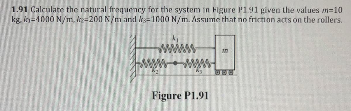 1.91 Calculate the natural frequency for the system in Figure P1.91 given the values m=10
kg, k1=4000 N/m, k2=200 N/m and k3=1000 N/m. Assume that no friction acts on the rollers.
Figure P1.91
m
010101