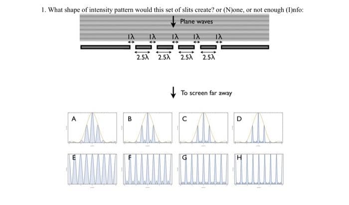 1. What shape of intensity pattern would this set of slits create? or (N)one, or not enough (I)nfo:
Plane waves
2.5X 2.5A 2.SA 2.5A
To screen far away
A
